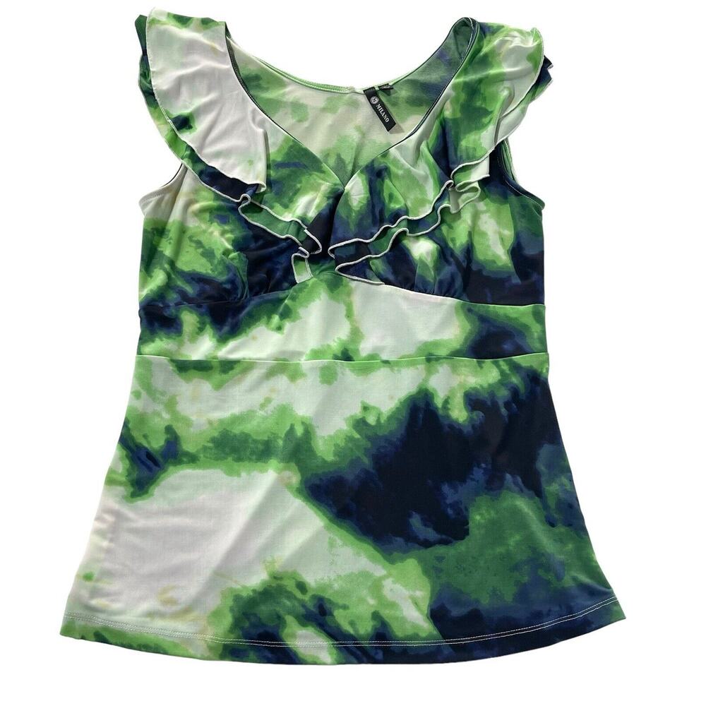 MILANO Women’s Top Shirt Blouse Size Medium Multi-color Modern Print Green Blue